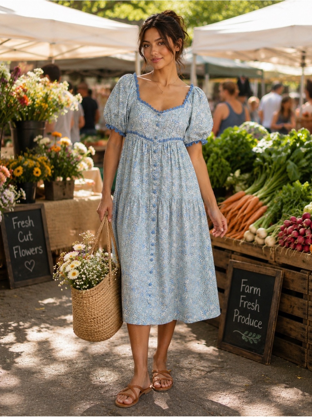 Mable Angelina Floral Puff Sleeve Cottagecore Midi Dress Blue Lace Trim M